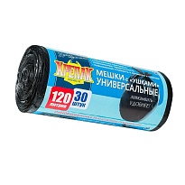 Мешки для мусора 120 л, с ушками, черные, в рулоне 30 шт., ПНД, 15 мкм, 1100х700 мм, Крепак, 4607075710375 в Минске